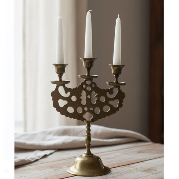 Antique Brass Judea Sabbath Double Dragon 3 Candle Candelabra Solid Brass Etched - Picture 1 of 7